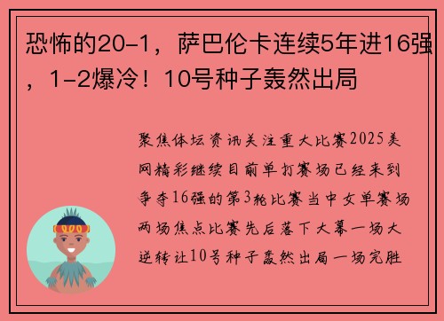 恐怖的20-1，萨巴伦卡连续5年进16强，1-2爆冷！10号种子轰然出局